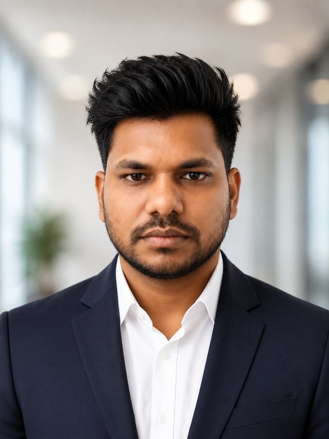 Vinod Kumar in a navy blazer and white shirt